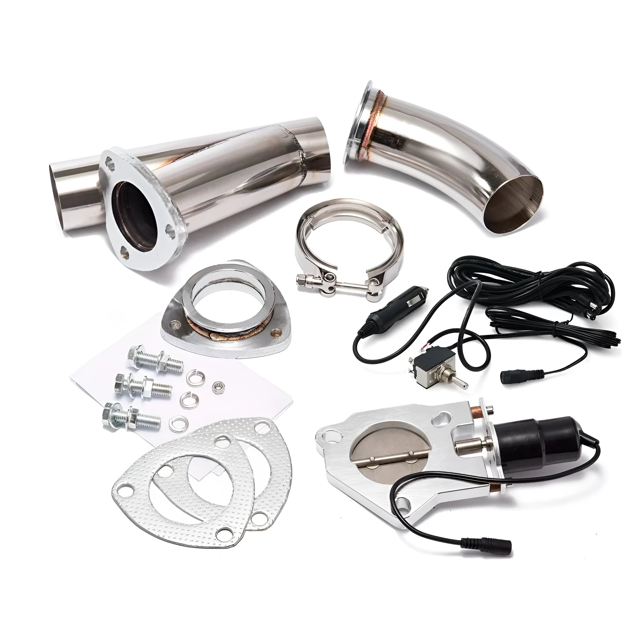 Car electronic exhaust cut-out kit with toggle switch, T-304 stainless steel piping and CNC aluminium motor