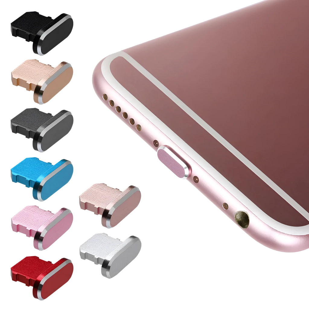 Aluminium alloy iPhone charging port dust plug in rose gold colour next to an iPhone.