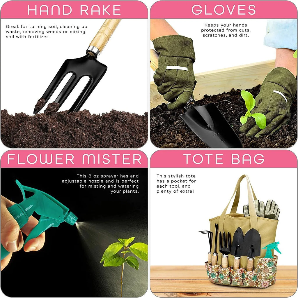 Eight-piece stainless steel garden tool set including pruning shears, trowel, cultivator, weeder, and gloves on wooden table