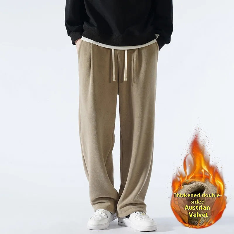 Men's fleece-lined winter casual trousers in apricot colour with drawstring waist and loose fit design