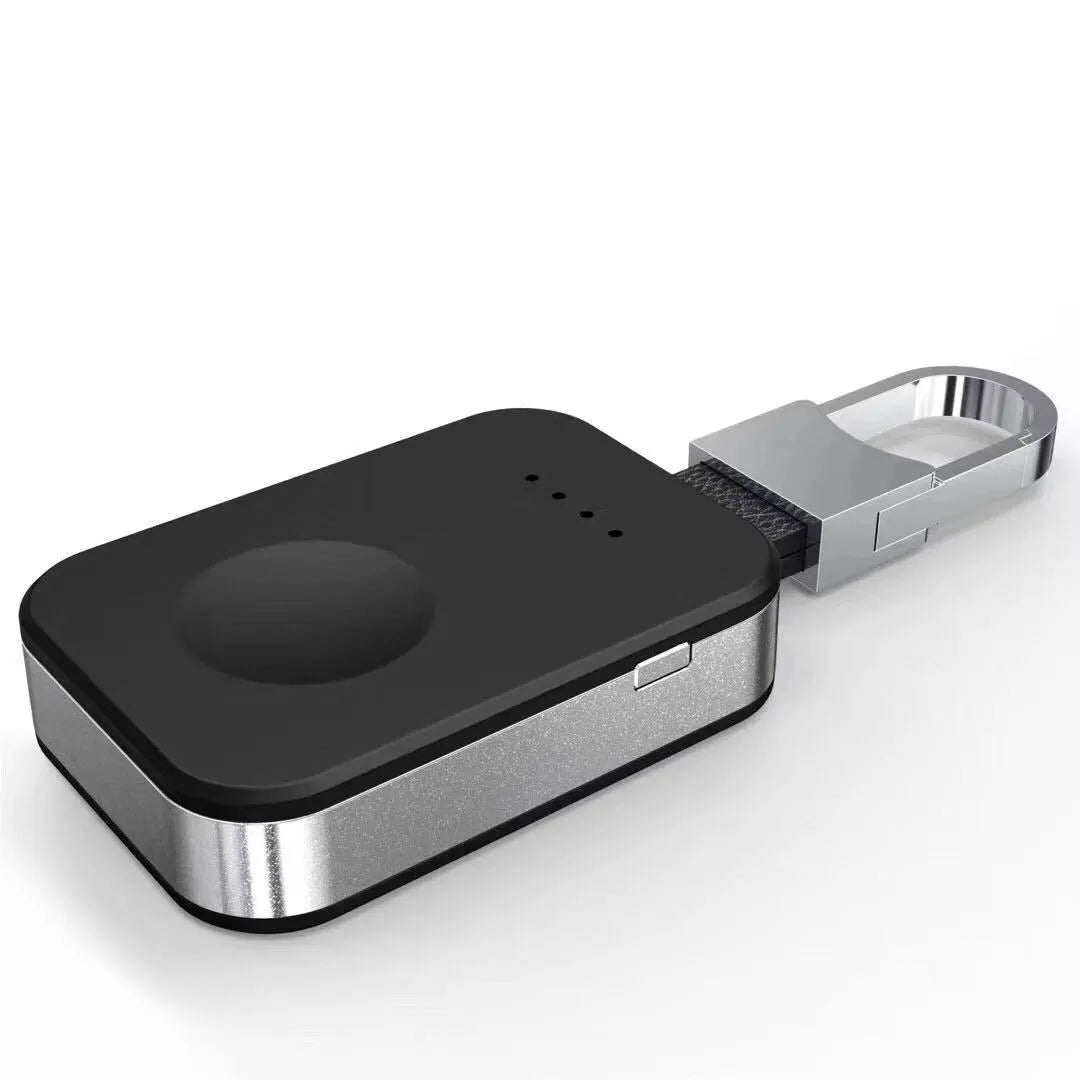 Black Apple Watch portable power bank keychain charger with wireless charging capability