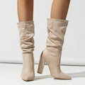 Women's black chunky heel pointed-toe suede boots with mid-calf length and 8cm+ heel height