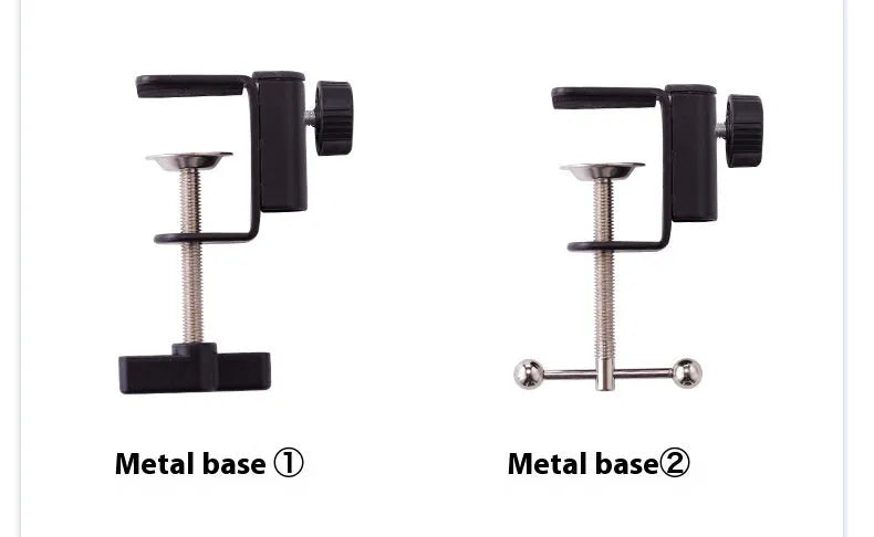 Black foldable metal desktop cantilever bracket with tablet clip extended in adjustable position