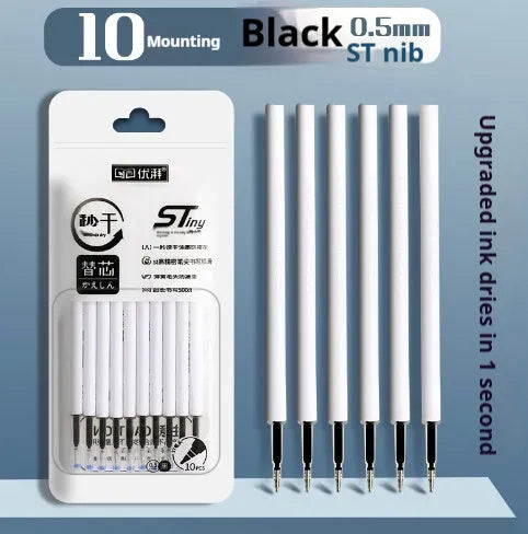 A pack of 10 quick-drying ballpoint pen refills in black, blue, ink blue, and red colours.