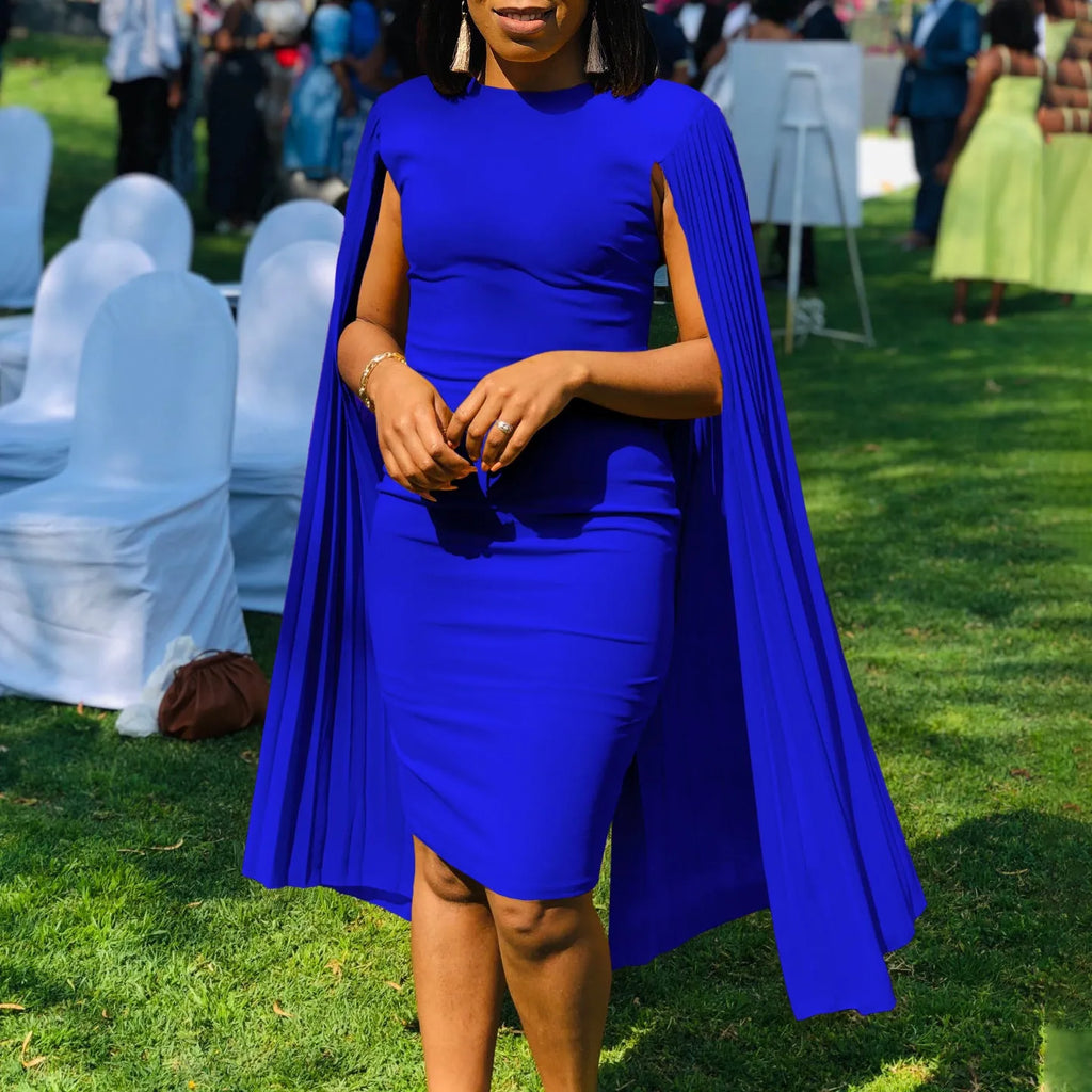 Long sleeve evening gown with pleated shawl collar and high waist design