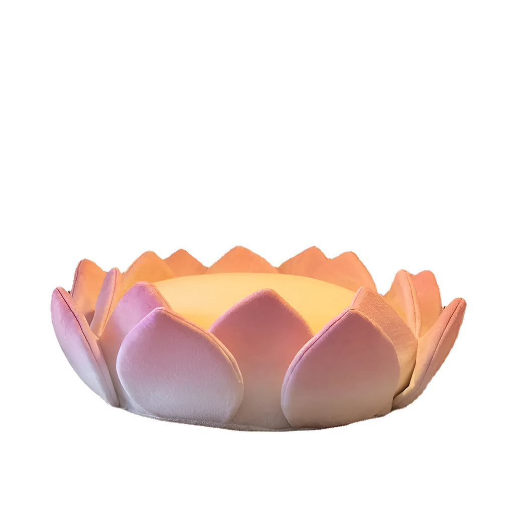 Non-slip lotus cat bed cushion in crystal velvet fabric, 62cm diameter, side view showing shape