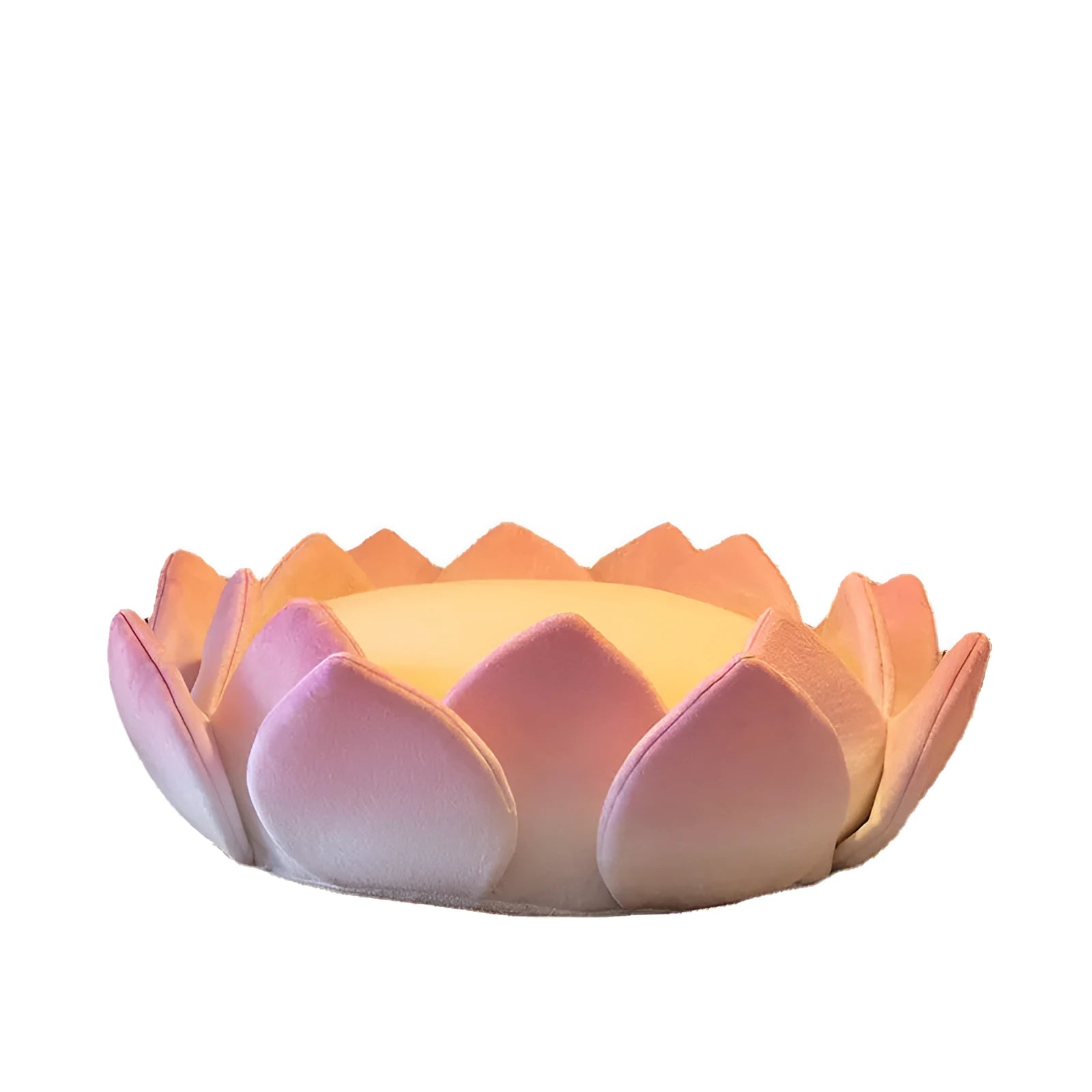 Non-slip lotus cat bed cushion in crystal velvet fabric, 62cm diameter, side view showing shape