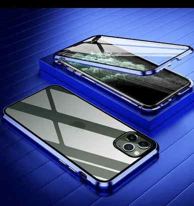 Glass anti-spy mobile phone case for iPhone with clamshell design and geometric pattern in multiple colours.