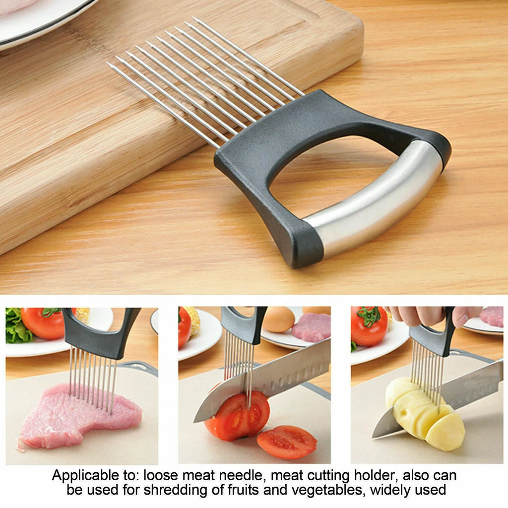 Stainless steel onion holder slicer with non-slip base on a kitchen counter, holding a tomato for slicing
