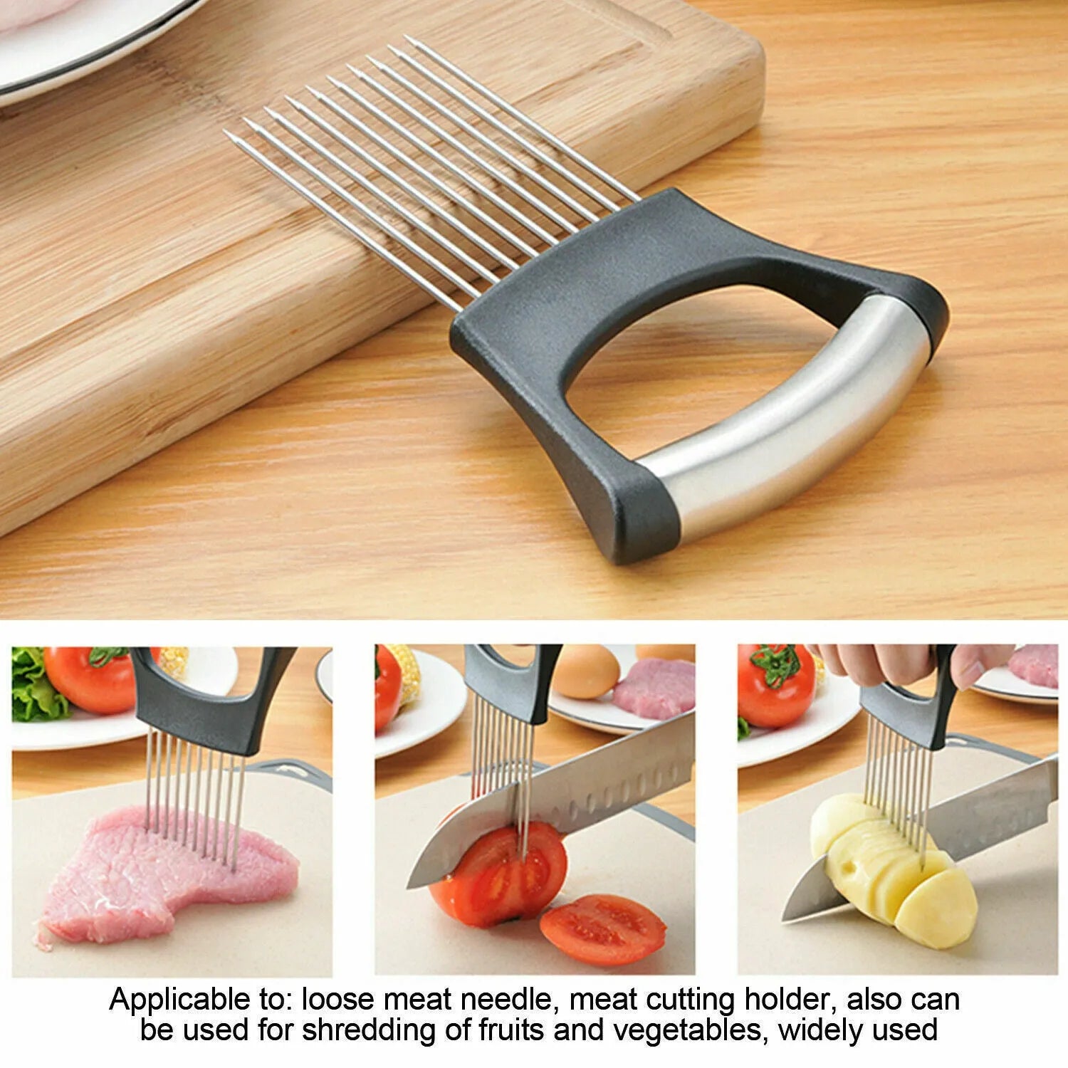 Stainless steel onion holder slicer with non-slip base on a kitchen counter, holding a tomato for slicing