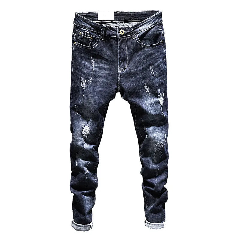 Man wearing dark blue skinny fit stretch denim jeans for casual wear