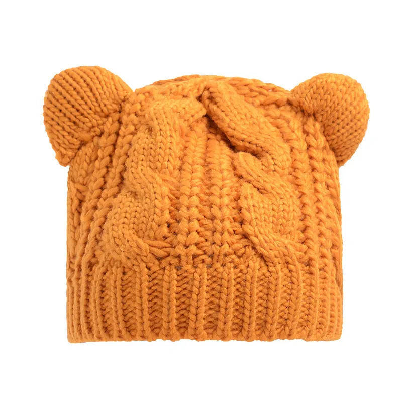 Hand-made knitted beanie hat with 3D cat ears in winter wool colours
