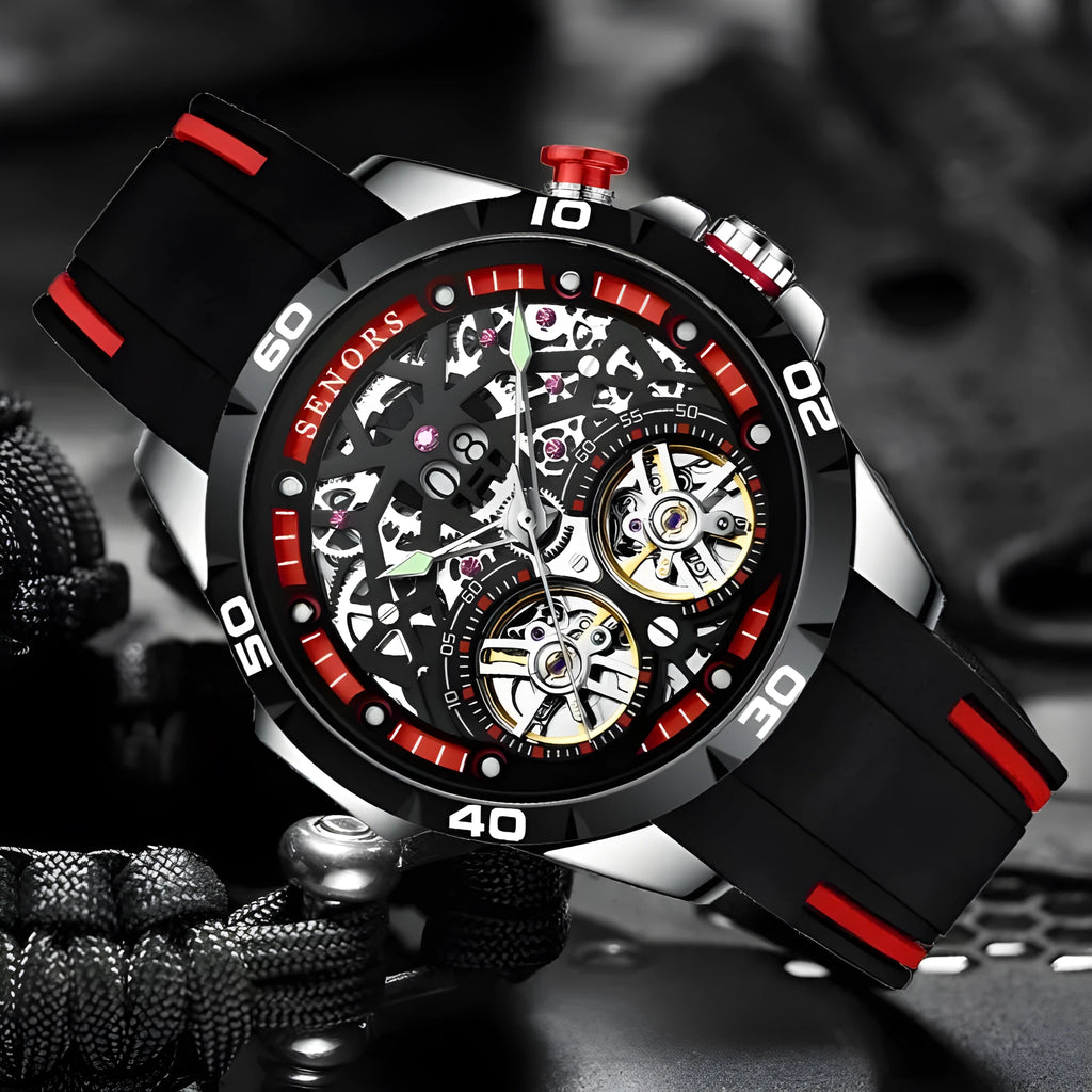 Men's automatic mechanical watch with hollow skeleton dial showing movement and luminous hands