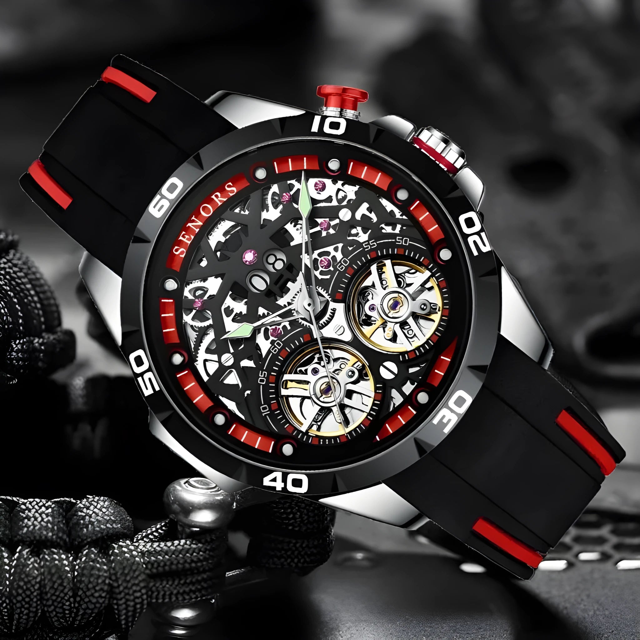 Men's automatic mechanical watch with hollow skeleton dial showing movement and luminous hands