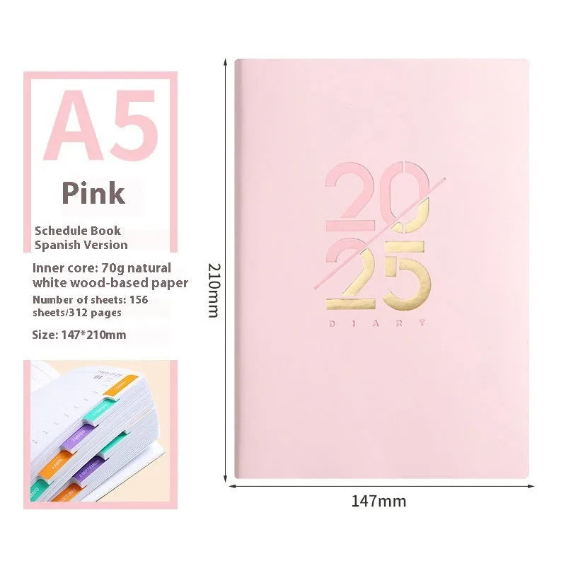A5 2025 daily schedule book with faux leather cover in blue colour, open to show lined pages and thread binding.