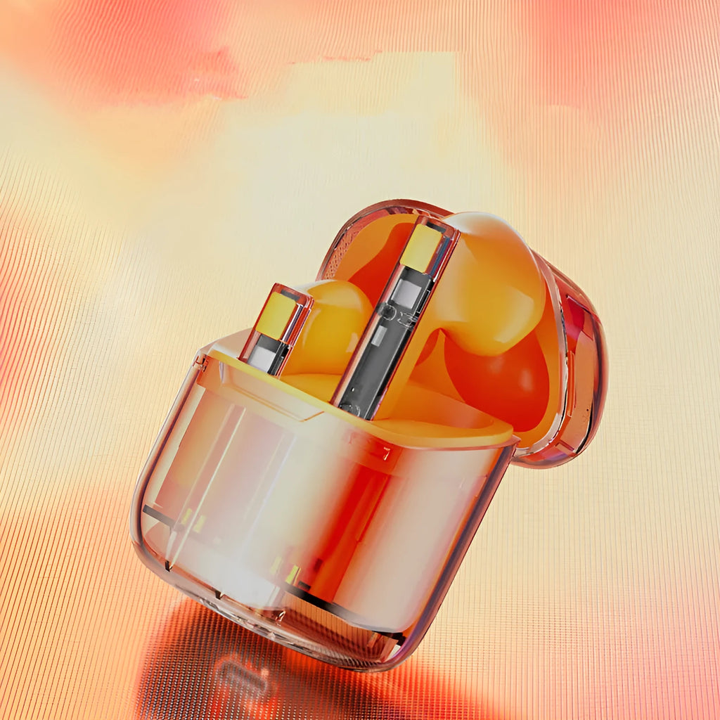 YX06 transparent wireless TWS headphones in black, white, orange, or green colours.