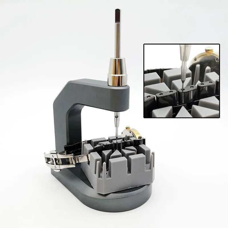 Silver tool steel multi-purpose press strap removal tool for watch and jewellery repair.