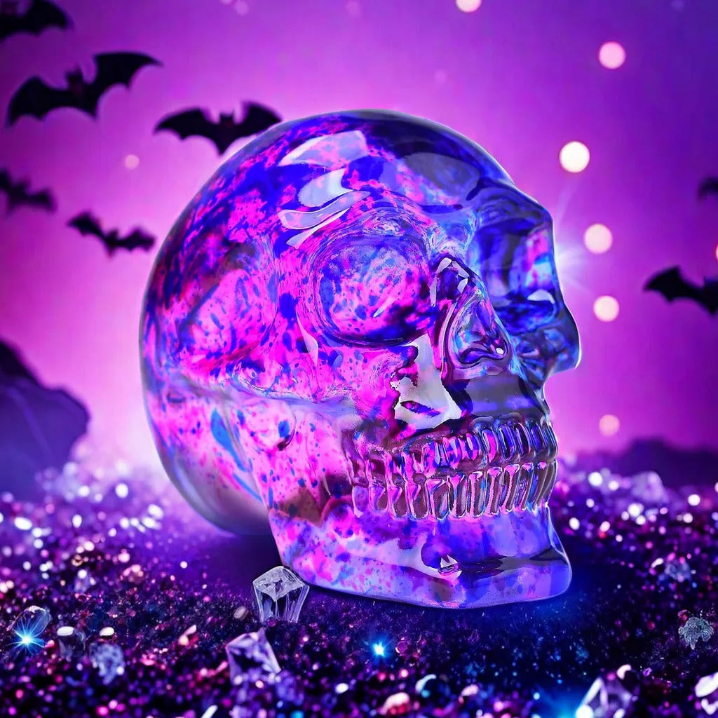 Pink and blue glass floral skull ornament for Halloween or Gothic home décor display