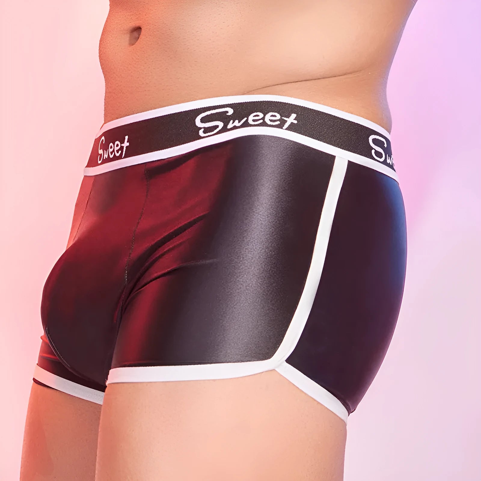 Men's silky nylon boxer shorts in black, white, and sapphire blue colours.