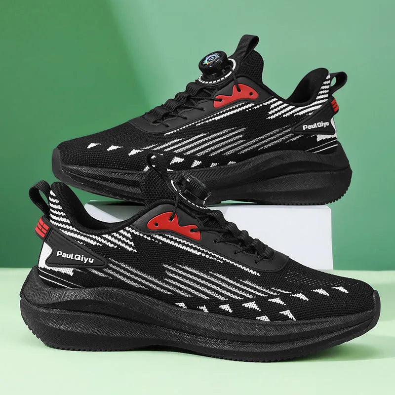 Men's low-top sports shoes with fly-knit mesh upper and rotating buckle fastening in black colour