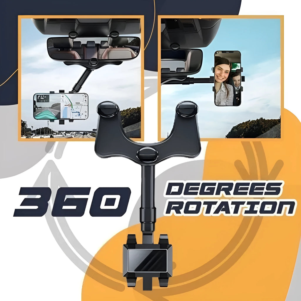 Black rearview mirror car phone holder showing 360-degree rotation and retractable arm extended.