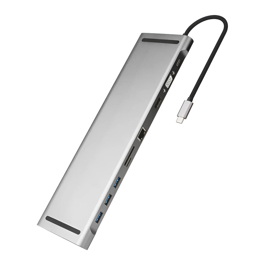 Grey aluminium USB C docking station with ten ports including HDMI, VGA, and Ethernet