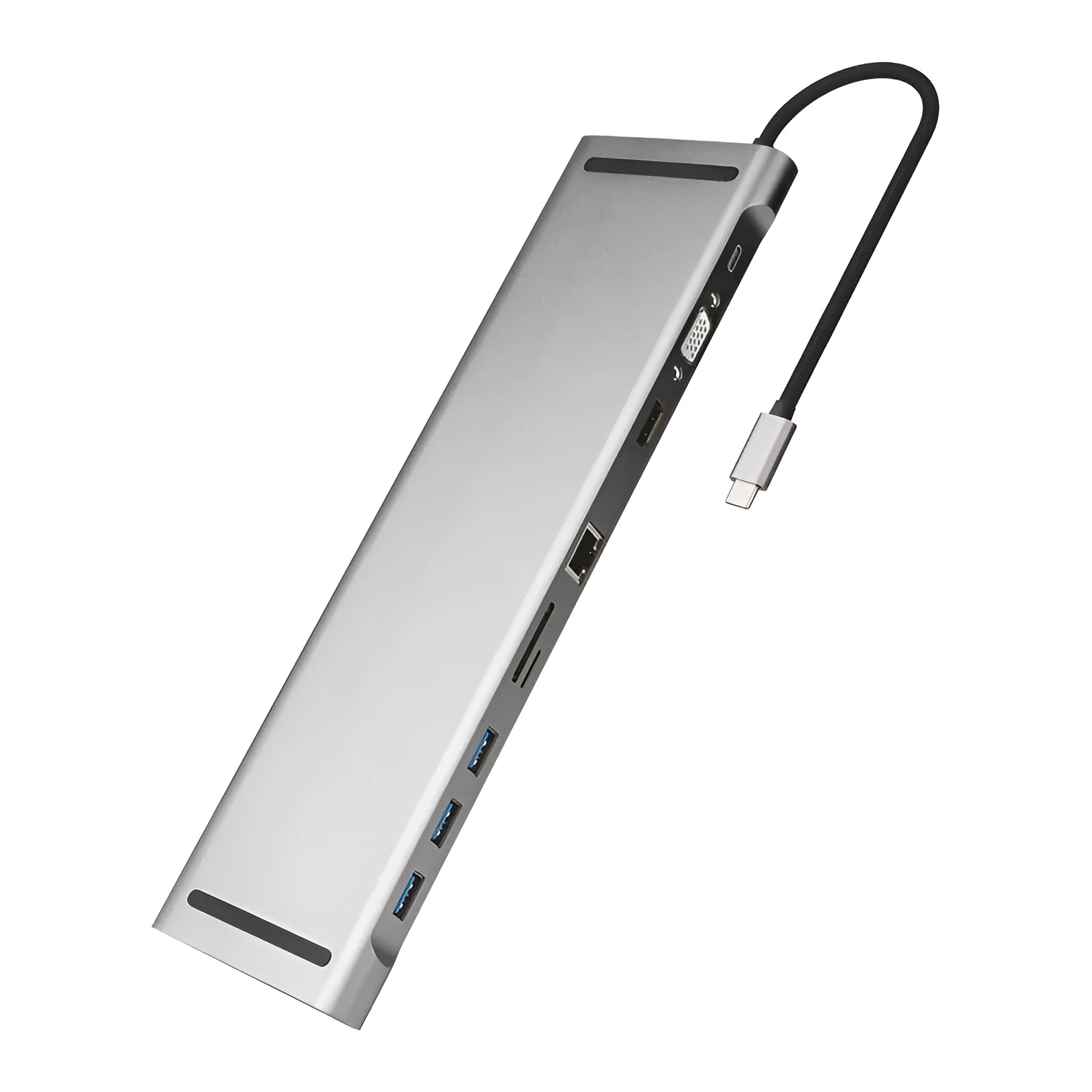 Grey aluminium USB C docking station with ten ports including HDMI, VGA, and Ethernet