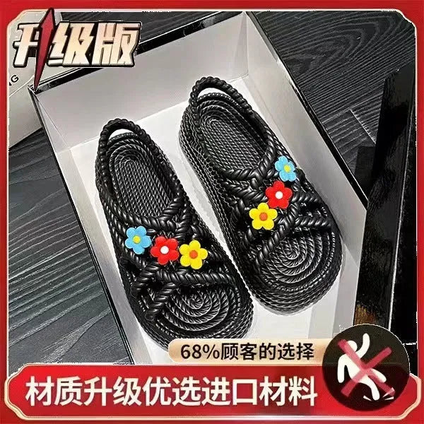 PVC non-slip sandals with flower pattern in beige, round head, lightweight design for women