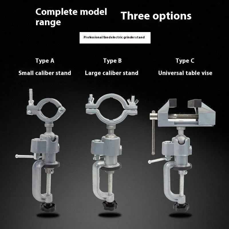 Small flat 360-degree rotating clamp-on bench vise made of tungsten steel on a workbench