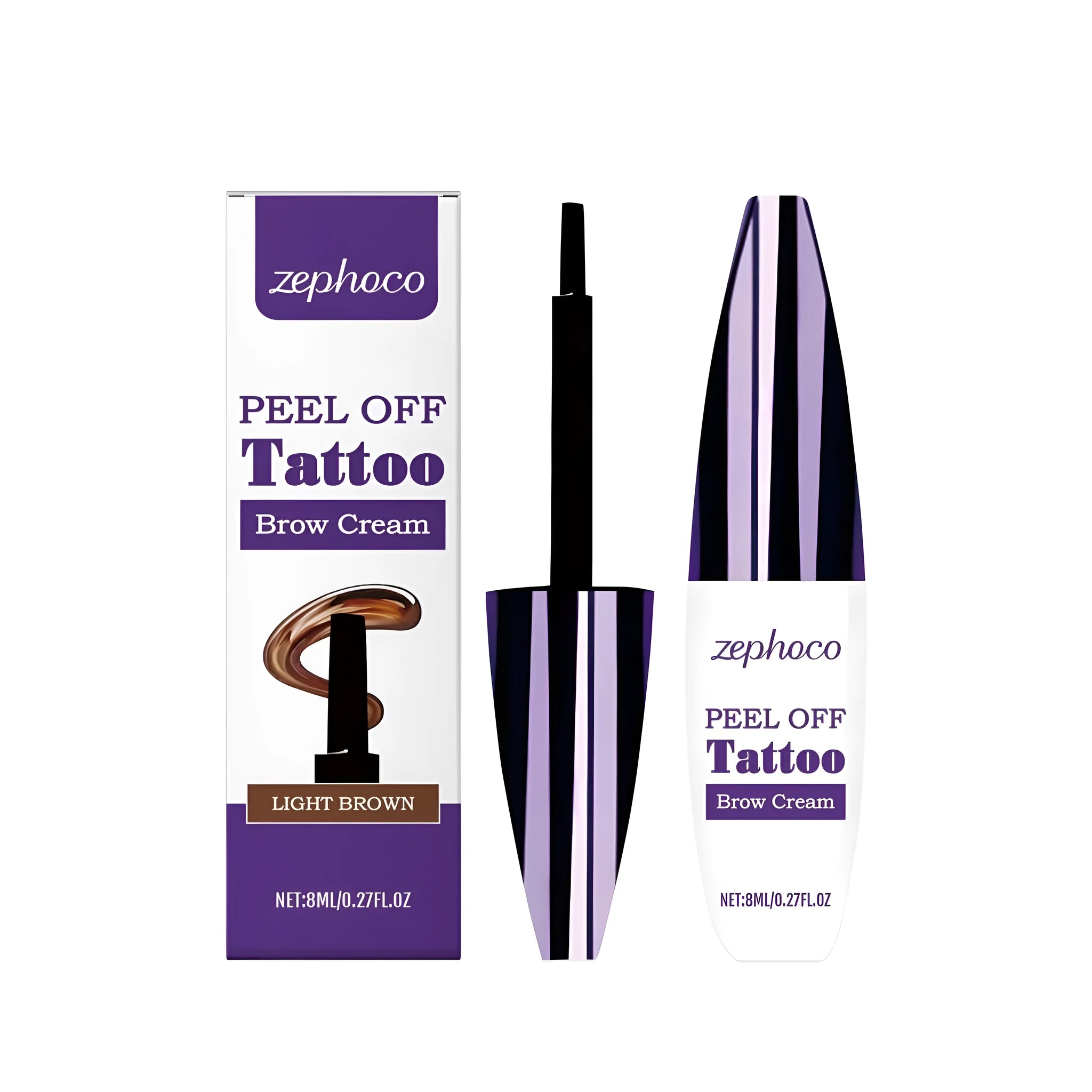 Tearable liquid eyebrow pencil in black, brown, and light brown shades with a fine tip applicator.