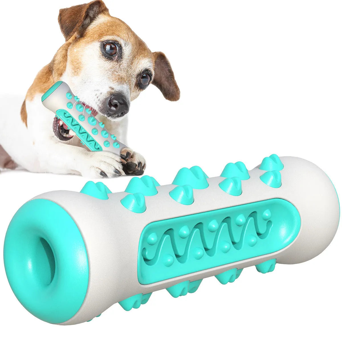 Natural rubber dog toothbrush chew toy for dental cleaning in blue, green, yellow, or black blue.