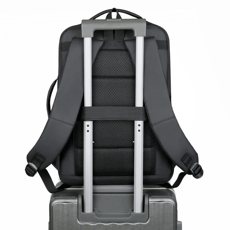Black or grey waterproof Oxford cloth business travel backpack with curved shoulder strap and hand-carrying functionality