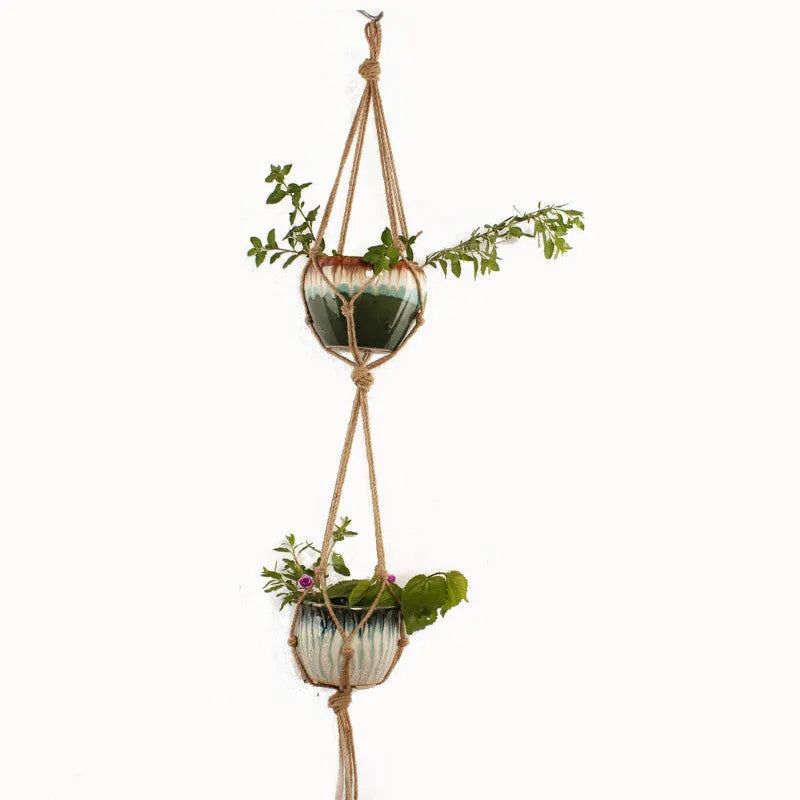 Woven natural cotton rope plant hanger showing desktop and wall hanging styles.