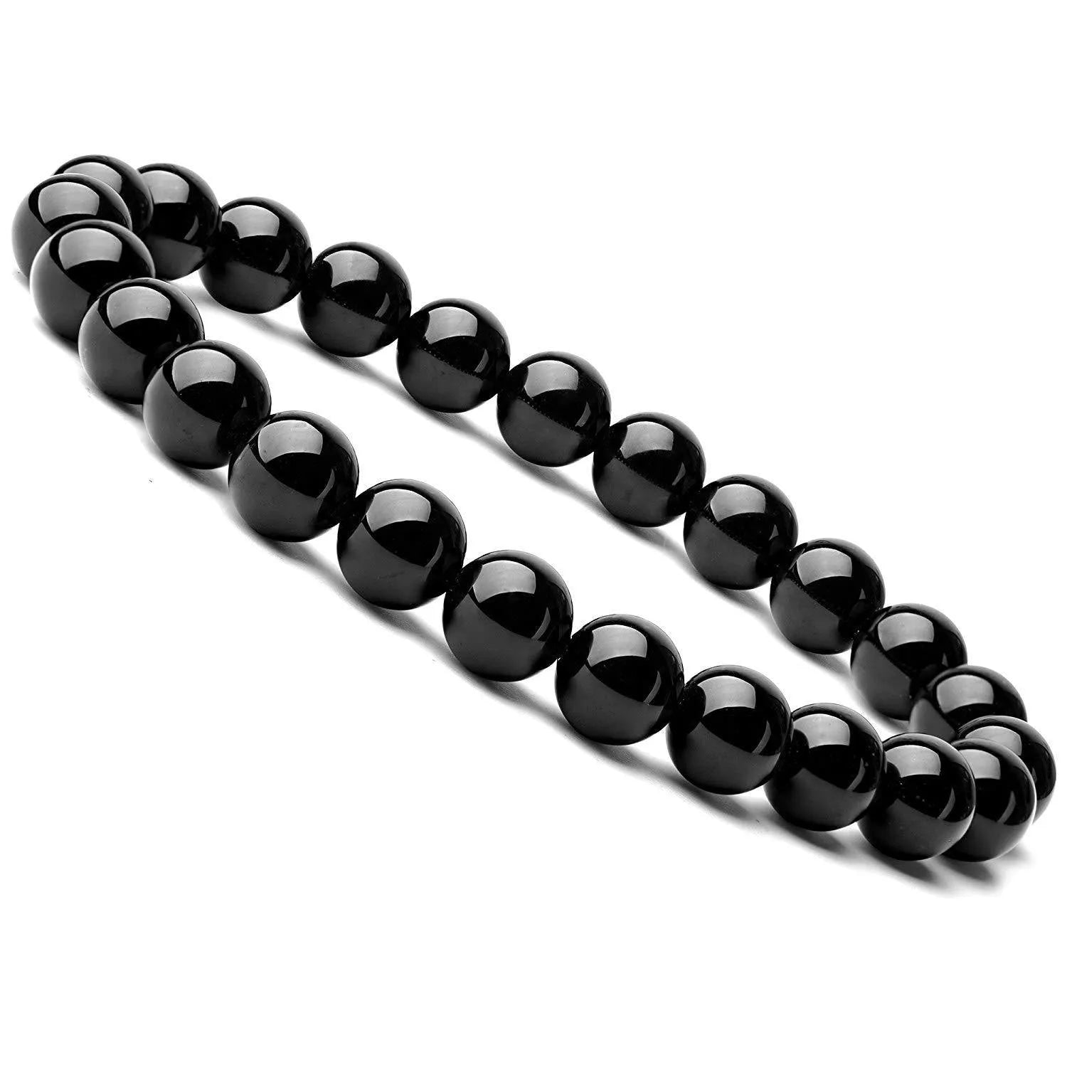 Women's black onyx agate beaded bracelet with geometric design and elastic cord.