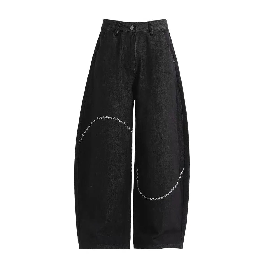Black straight-leg polyester denim trousers with micro-elastic waist and zip fly placket