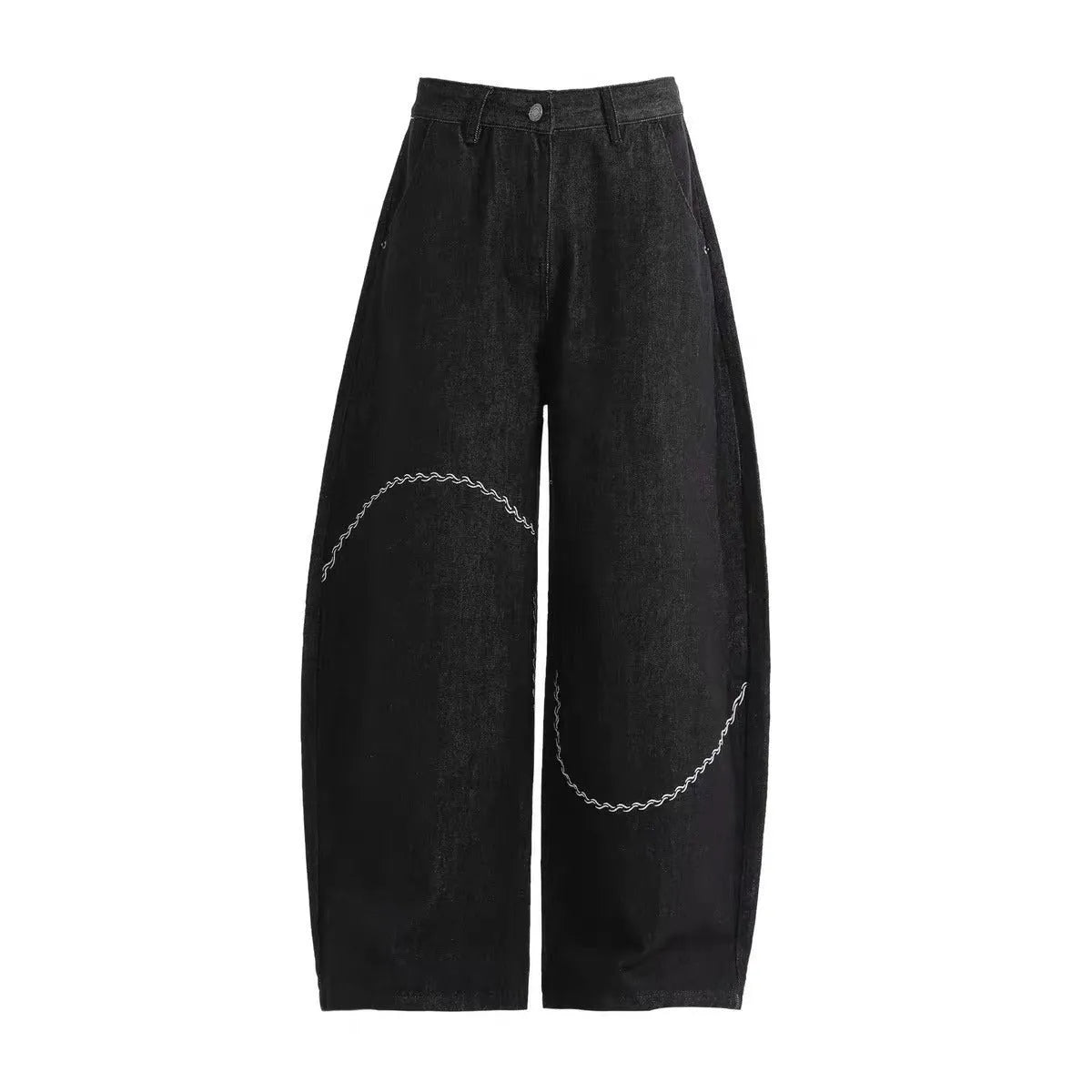 Black straight-leg polyester denim trousers with micro-elastic waist and zip fly placket