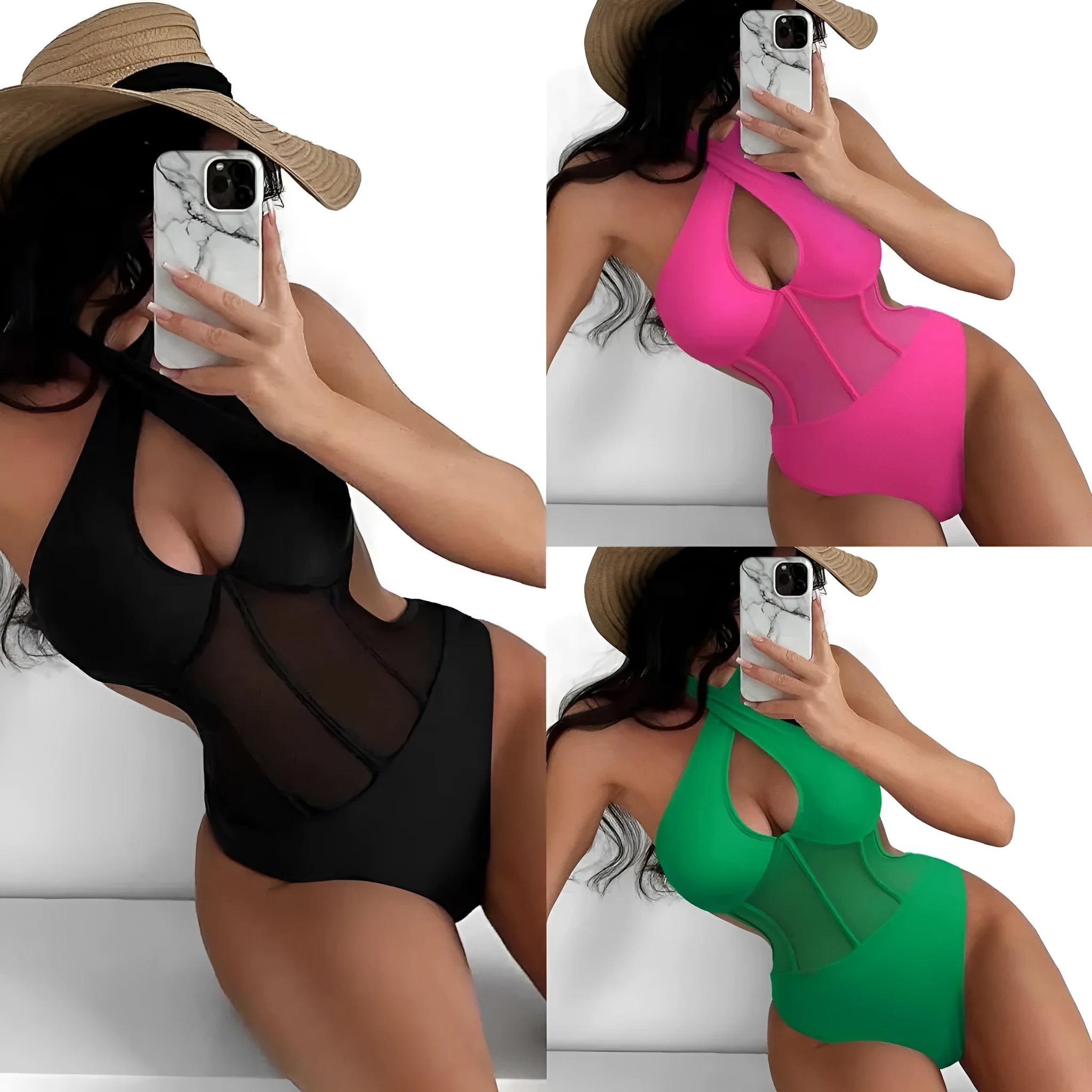 Women's one-piece swimsuit bikini in spun yarn fabric available in black, rose red and green colours