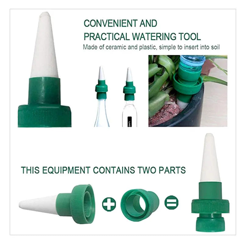Green ceramic automatic water seepage dripper for use with a plastic cola bottle.