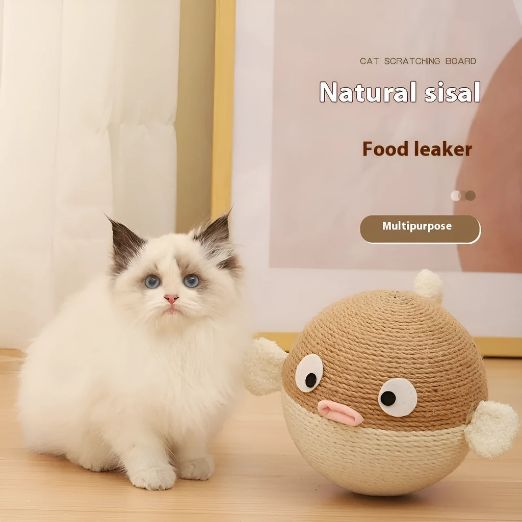 Puffer fish leakage food feeder toy for dogs and cats, 15cm cube made from sisal hemp strip
