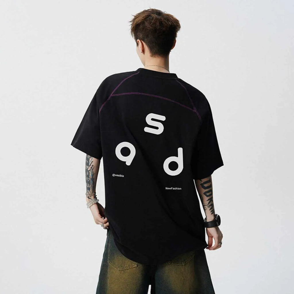 Cotton letter print short-sleeve t-shirt in black, loose fit, round neck, 100% cotton