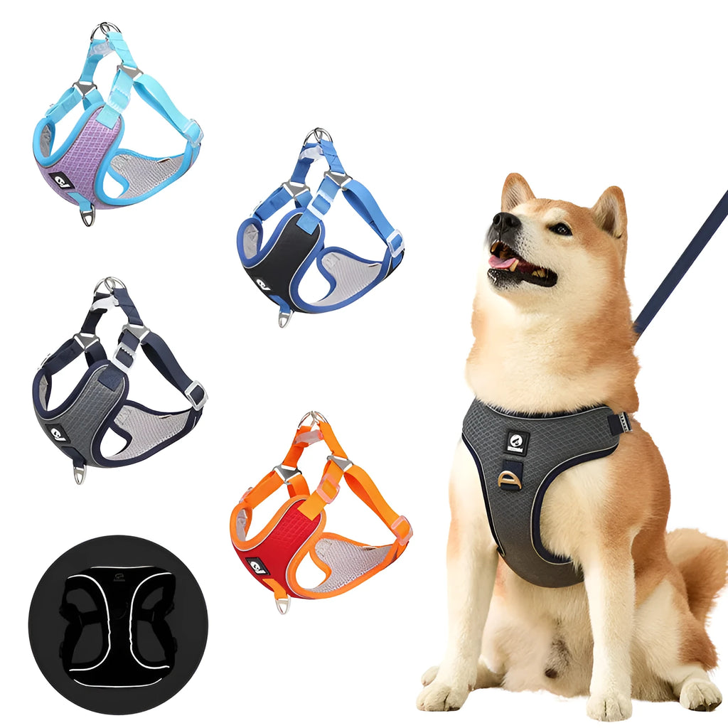 Adjustable dog harness in light purple colour with reflective piping and breathable mesh fabric