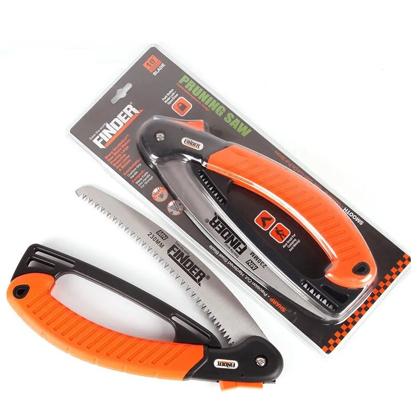 Folding garden hand saw with a 230mm steel blade and black TPR handle, shown both open and closed.