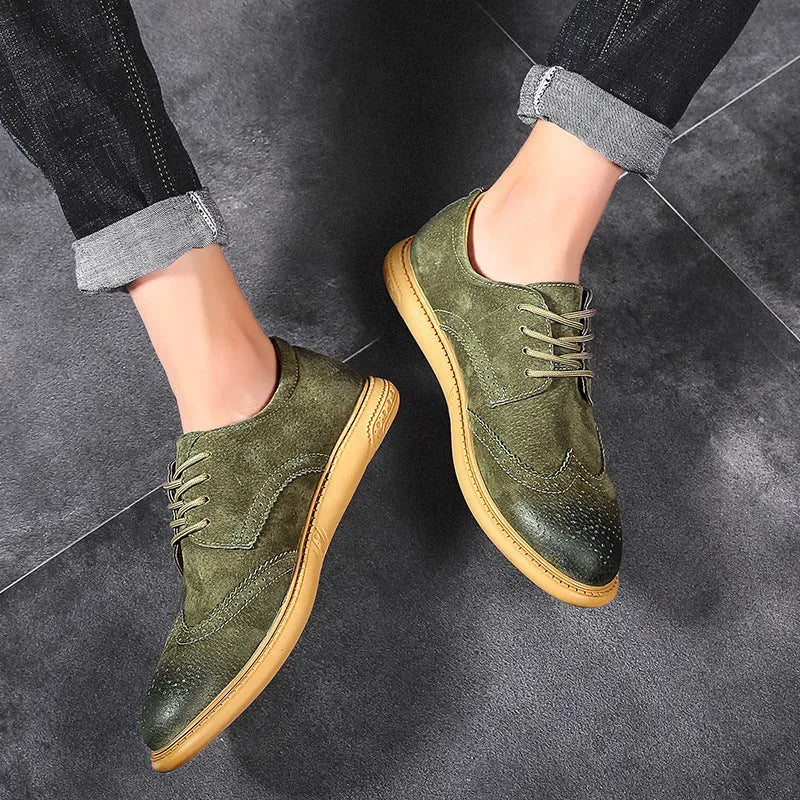 Men's black genuine leather low-top business shoes with lace-up front and rubber sole.
