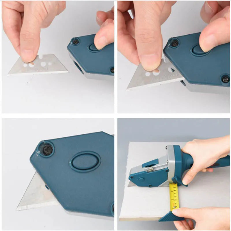 Blue aluminium alloy multifunctional woodworking cutter tool with one-press lock and measurement scale.