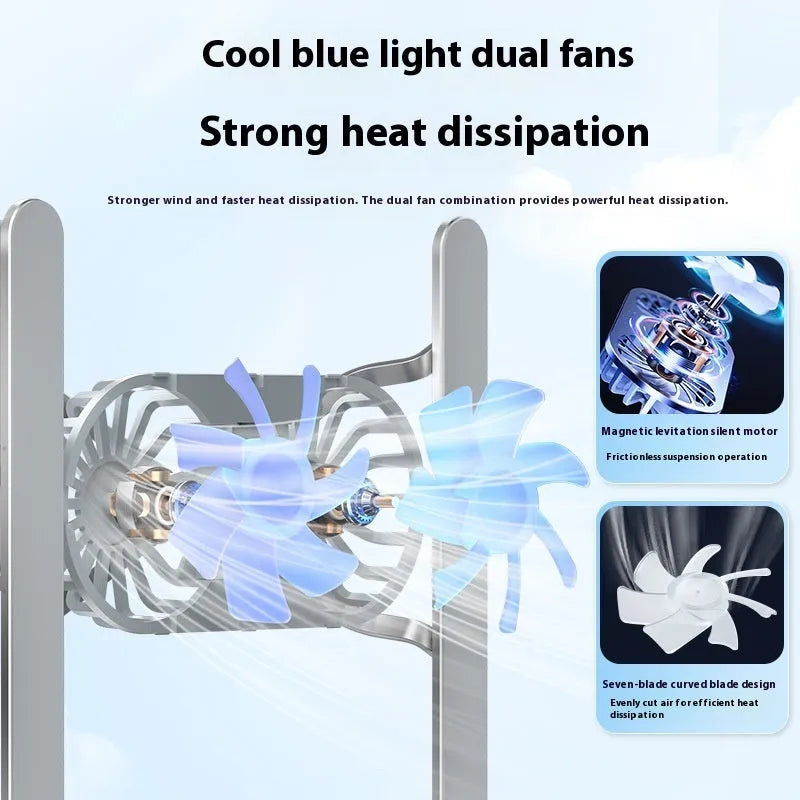 Silver aluminium laptop stand with twin cooling fans in folded position beside notebook computer