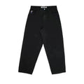 Men's retro patterned printed straight-leg trousers in dark blue polyester denim, side view