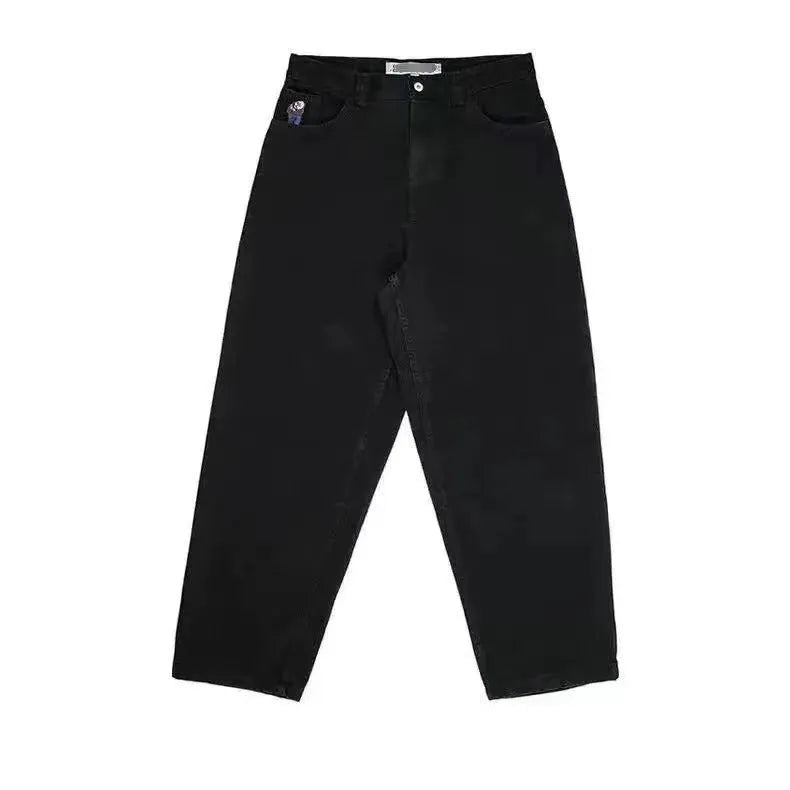 Men's retro patterned printed straight-leg trousers in dark blue polyester denim, side view
