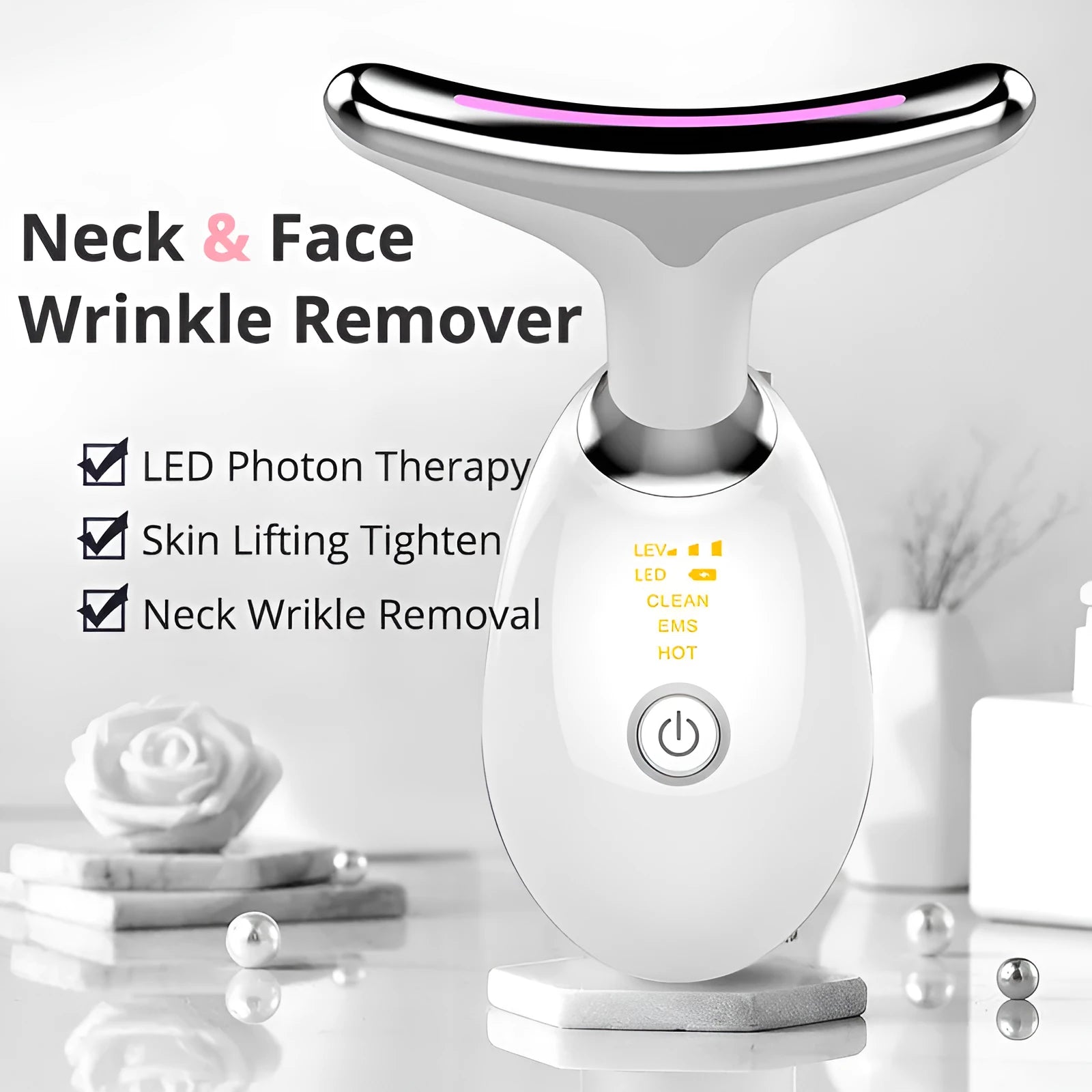 Grey ES-1081 electric microcurrent neck massager with LED lights for skin tightening and wrinkle reduction.