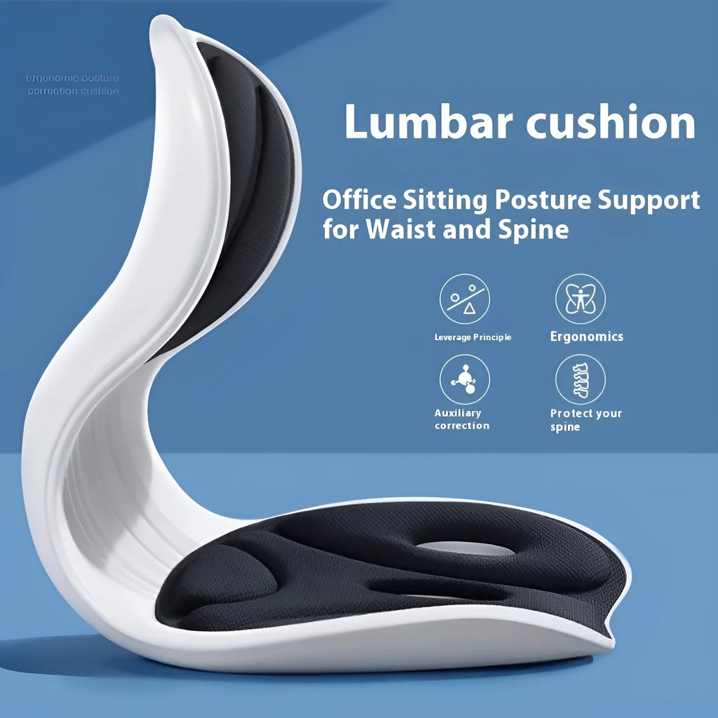 PP memory foam chair backrest cushion shown in ankela red, with a fixing band, next to an office chair.