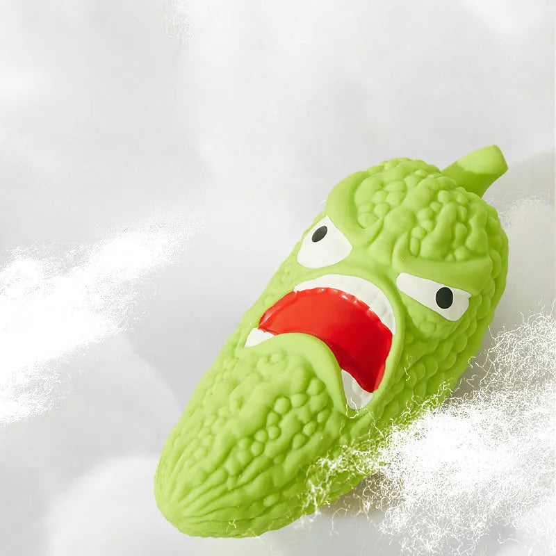 Bitter melon and chilli shaped dog toys with textured surfaces for bite resistance and teeth cleaning